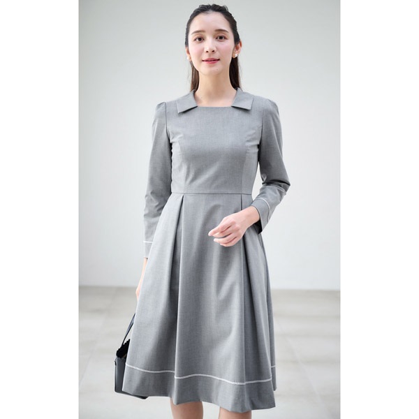 襟付き長袖ワンピース(グレー-S(36))