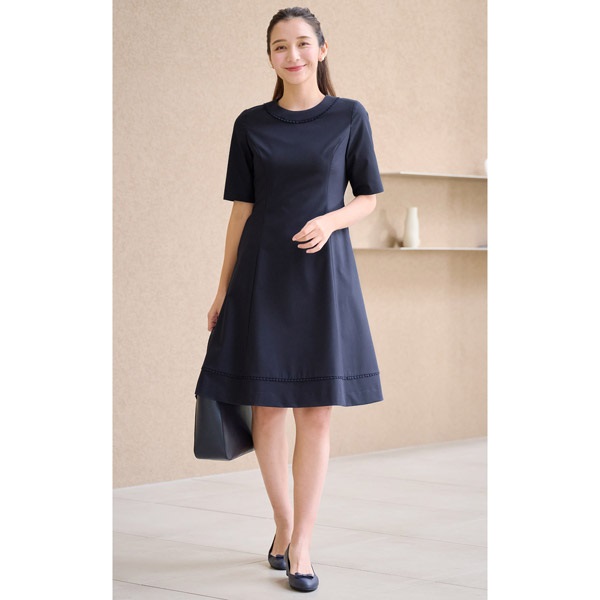レース付き五分袖セミフレアワンピース(ダークブルー-S(36))
