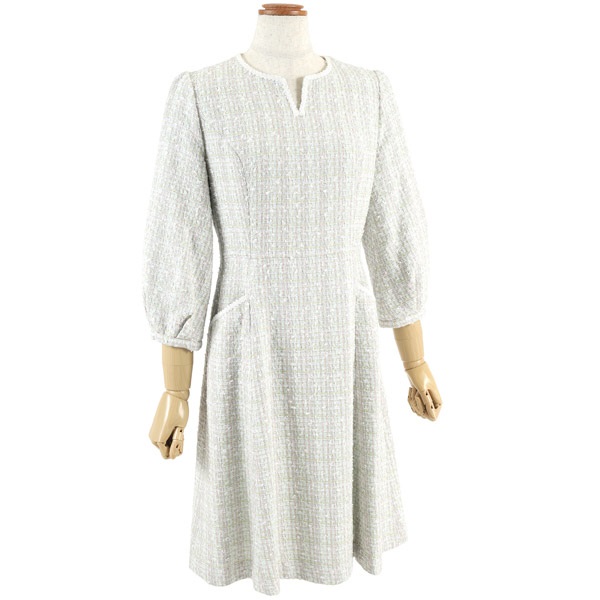 ファンシーツイードパフスリーブワンピース(ライトグリーン-S(36))