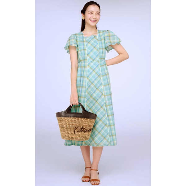 オーガニックコットンローンマドラスチェックワンピース(ライトグリーン-S(36))